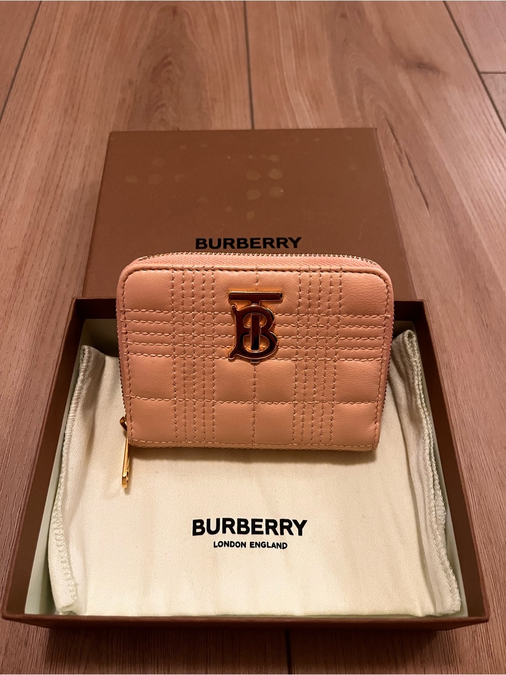 Burberry TB Blush Pink quilted Lola wallet with gold tone hardware-authentic